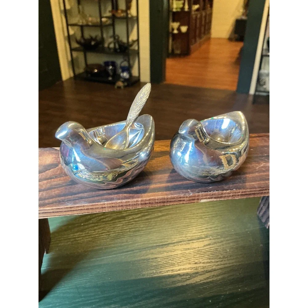 Pottery Barn Silver Tone Dove Salt Cellar with Feather Spoon 3 Piece Set